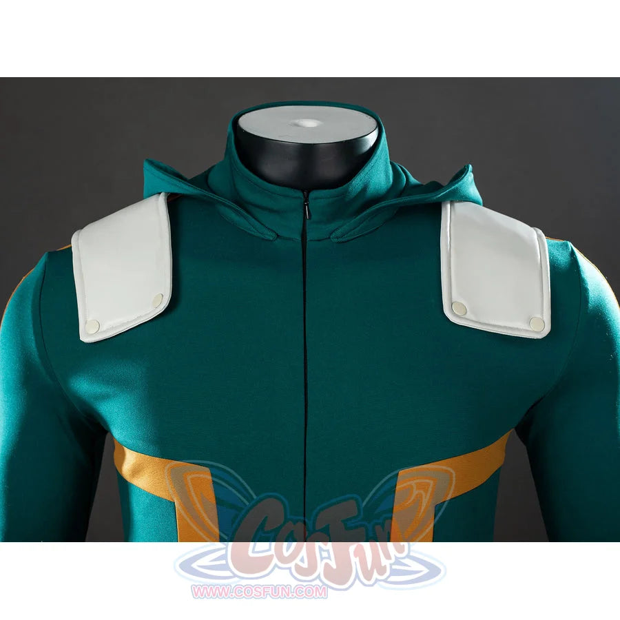 My Hero Academia Deku cosplay bodysuit chest detail frames yellow trim between white shoulder pads.