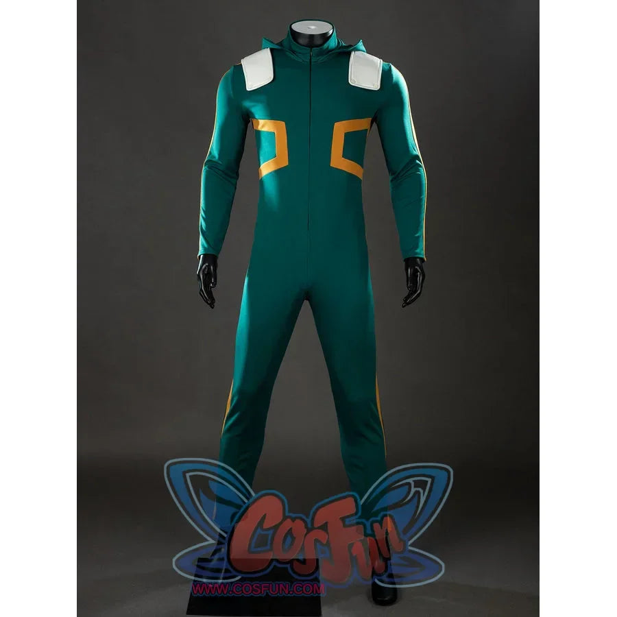 My Hero Academia Deku cosplay bodysuit front view keeps teal stretch fabric clean around yellow chest trim.