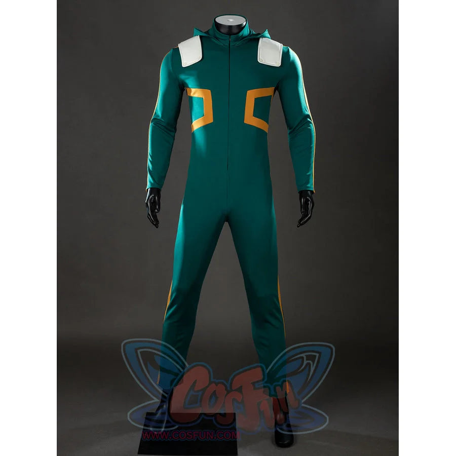 My Hero Academia Deku cosplay bodysuit front view keeps teal stretch fabric clean around yellow chest trim.