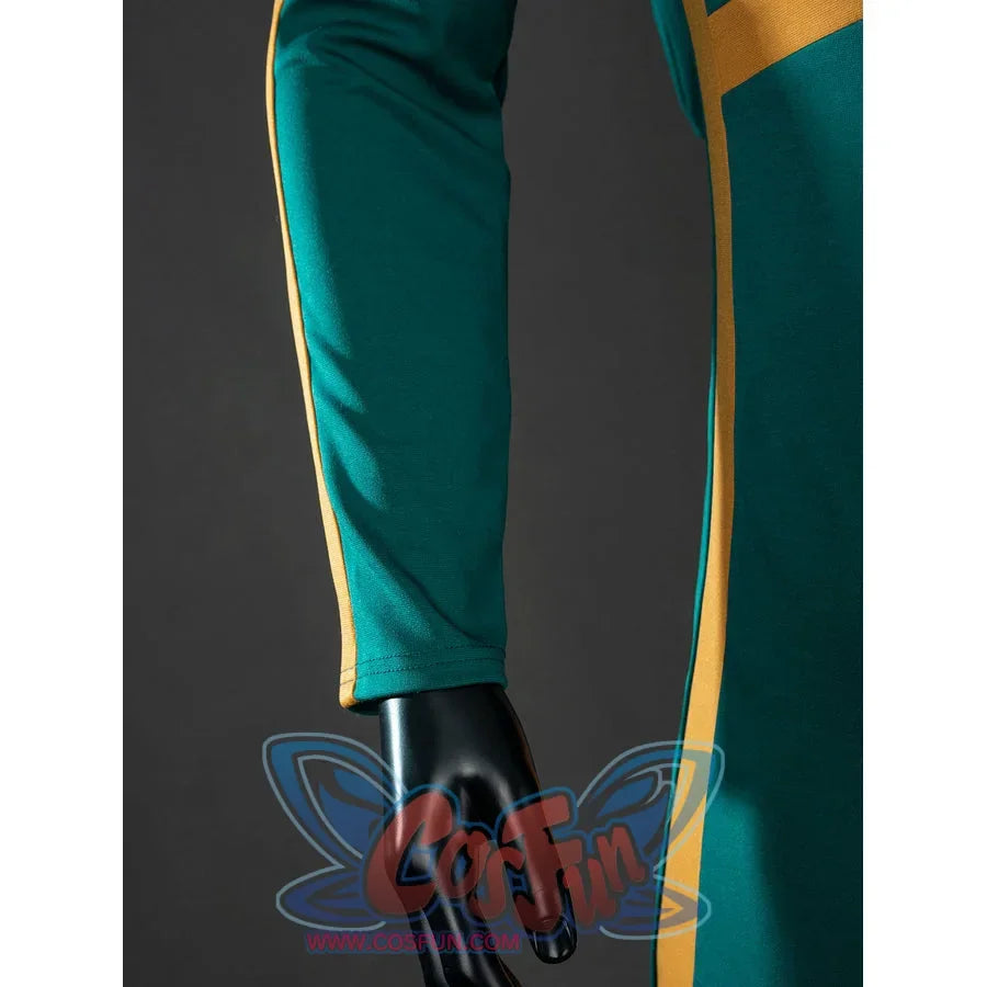 My Hero Academia Deku cosplay bodysuit side detail follows yellow leg piping beside a black glove.