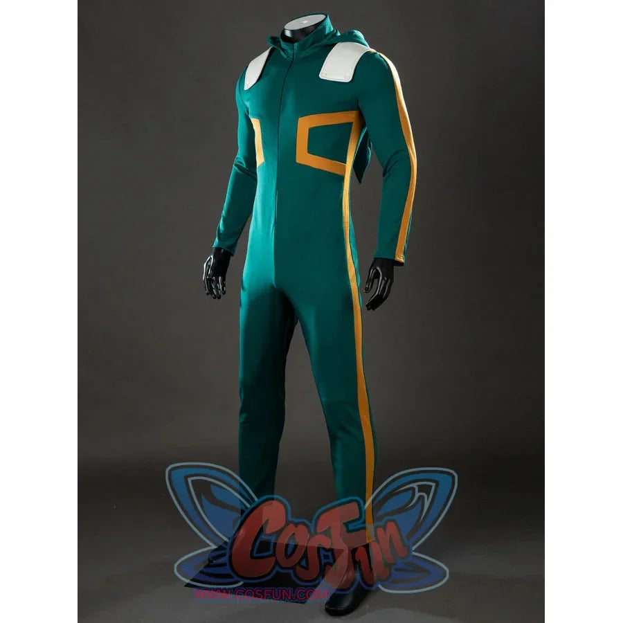 My Hero Academia Deku cosplay bodysuit side view traces yellow piping down the fitted green leg.