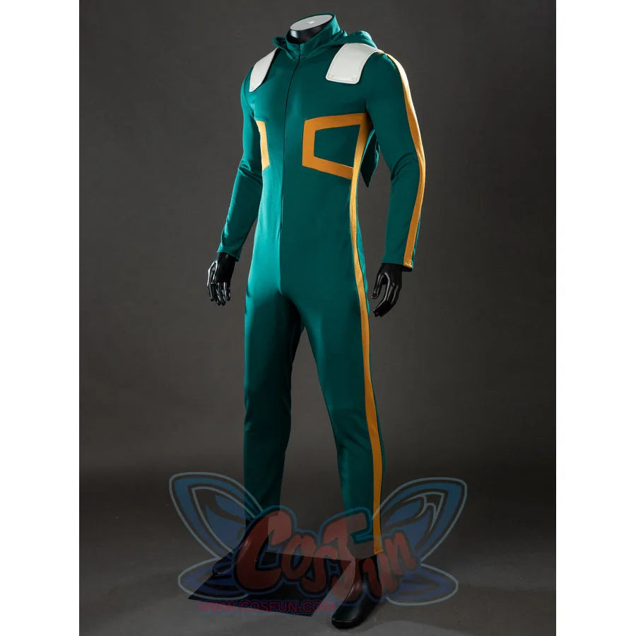 My Hero Academia Deku cosplay bodysuit side view traces yellow piping down the fitted green leg.