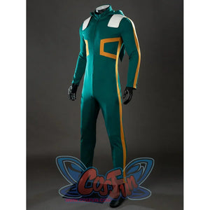 My Hero Academia Deku cosplay bodysuit side view traces yellow piping down the fitted green leg.