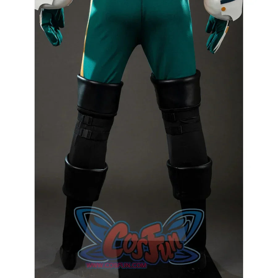 My Hero Academia Deku cosplay lower-leg back view layers black calf guards over fitted green pants.