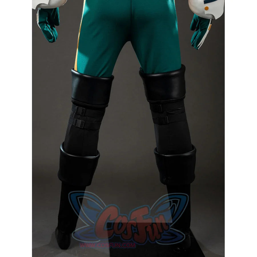 My Hero Academia Deku cosplay lower-leg back view layers black calf guards over fitted green pants.