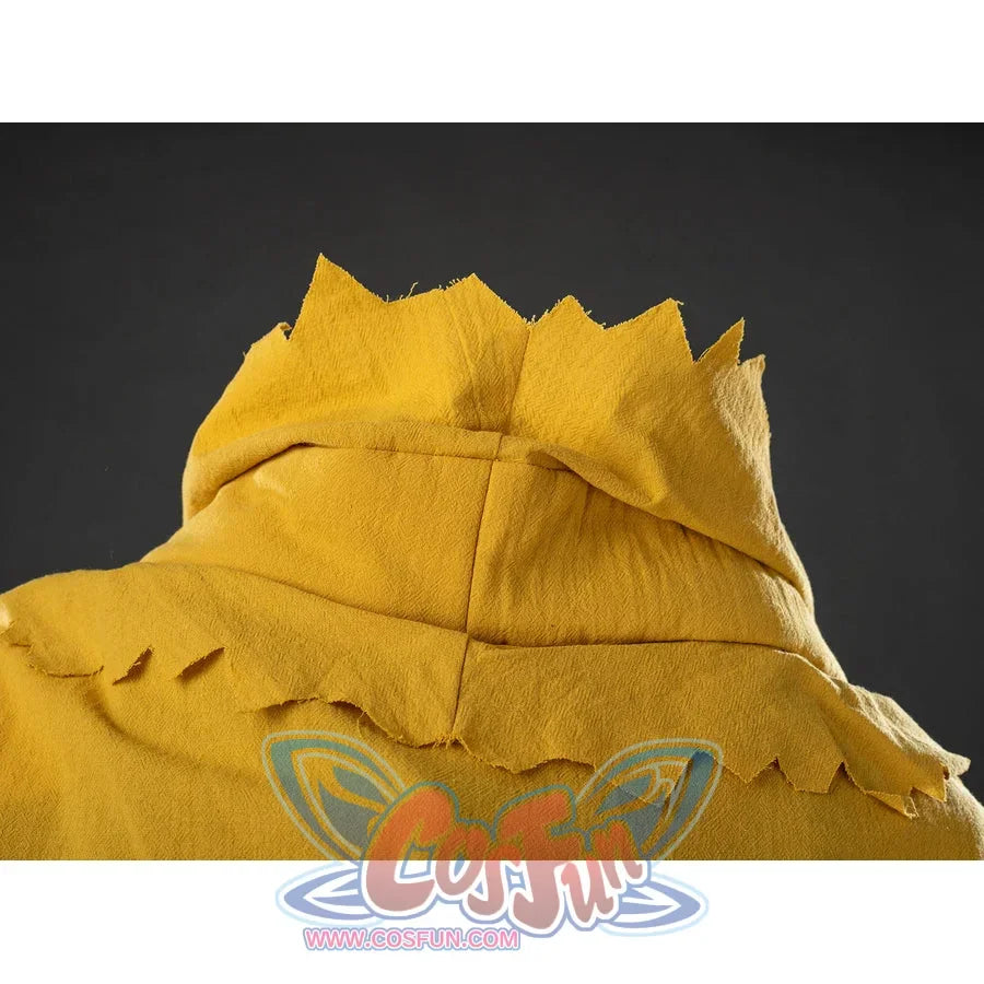 My Hero Academia Deku cosplay cape detail gathers jagged yellow layers across the raised hood.