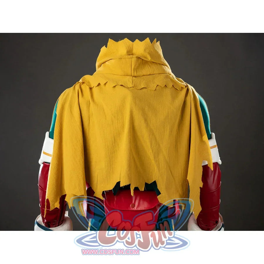 My Hero Academia Deku cosplay cape back view drapes yellow fabric over the hood and red waist pouch.