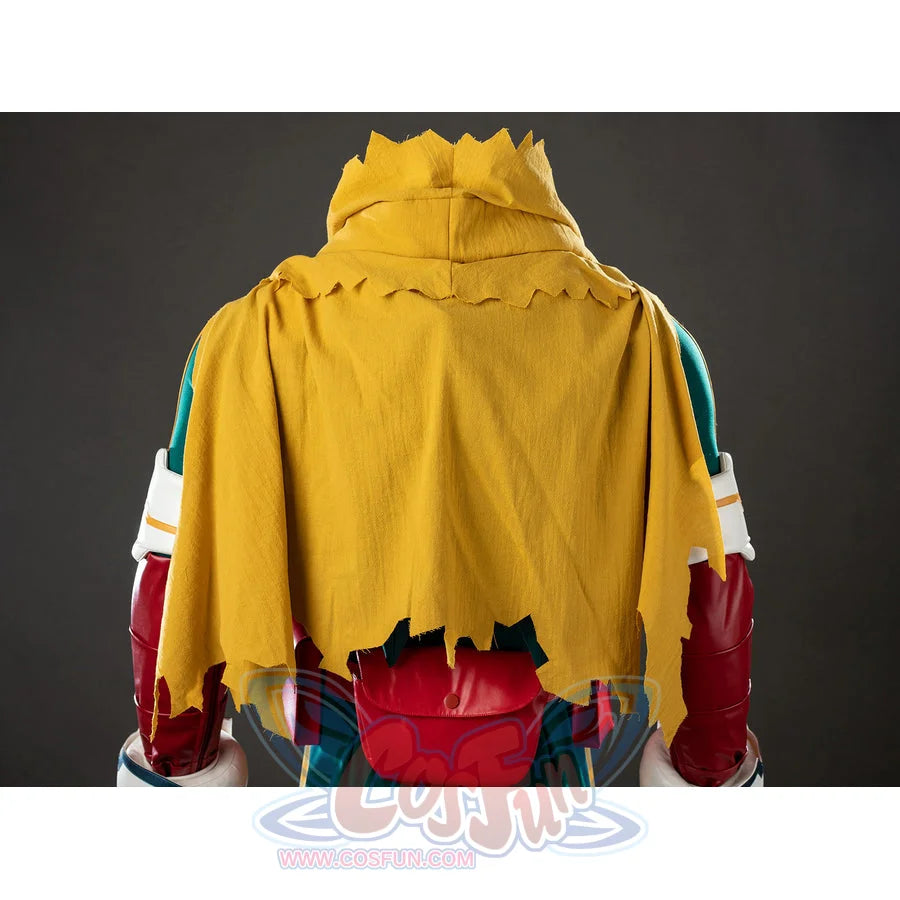 My Hero Academia Deku cosplay cape back view drapes yellow fabric over the hood and red waist pouch.