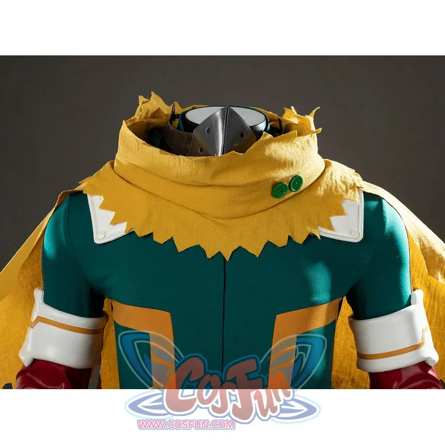 My Hero Academia Deku cosplay cape close-up frames the yellow scarf edge above white shoulder panels.