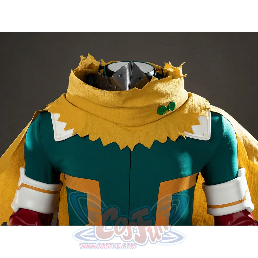 My Hero Academia Deku cosplay cape close-up frames the yellow scarf edge above white shoulder panels.