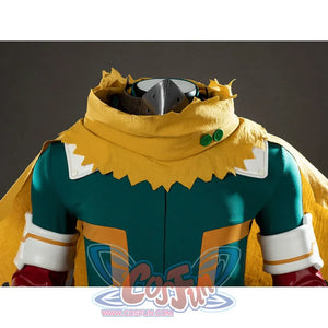 My Hero Academia Deku cosplay cape close-up frames the yellow scarf edge above white shoulder panels.