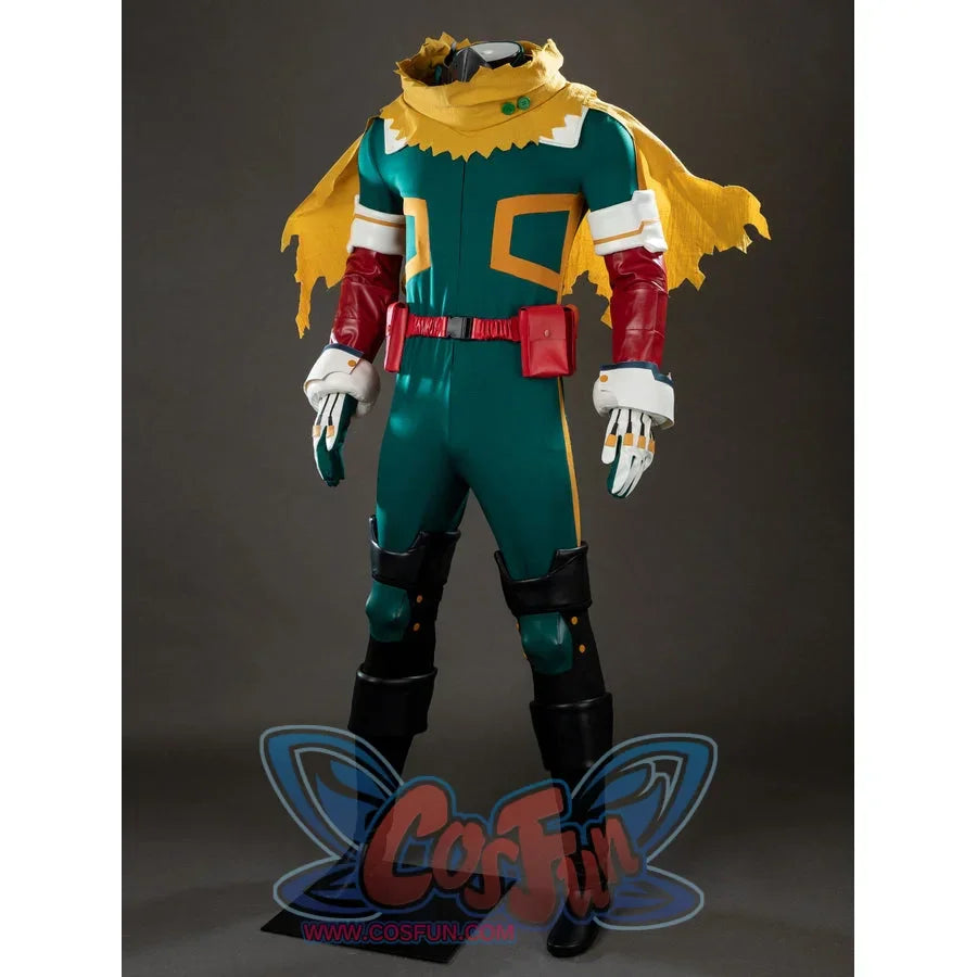 My Hero Academia Deku cosplay costume angled view sets red arm guards against a yellow cape and belt pouches.