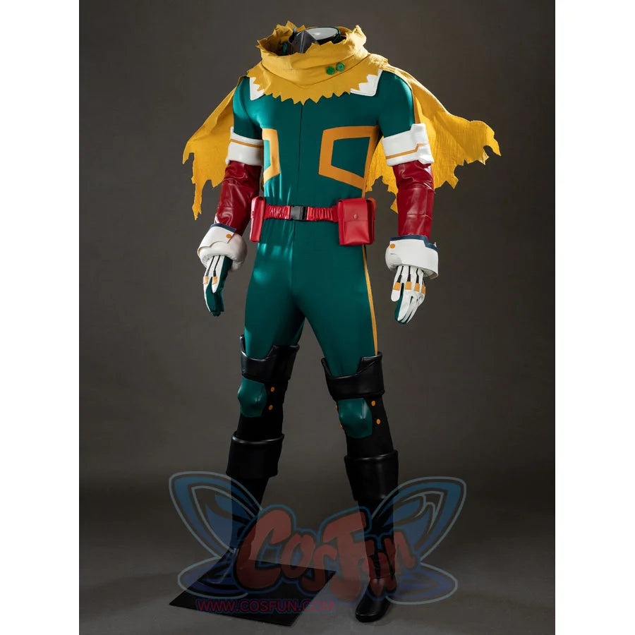 My Hero Academia Deku cosplay costume angled view sets red arm guards against a yellow cape and belt pouches.