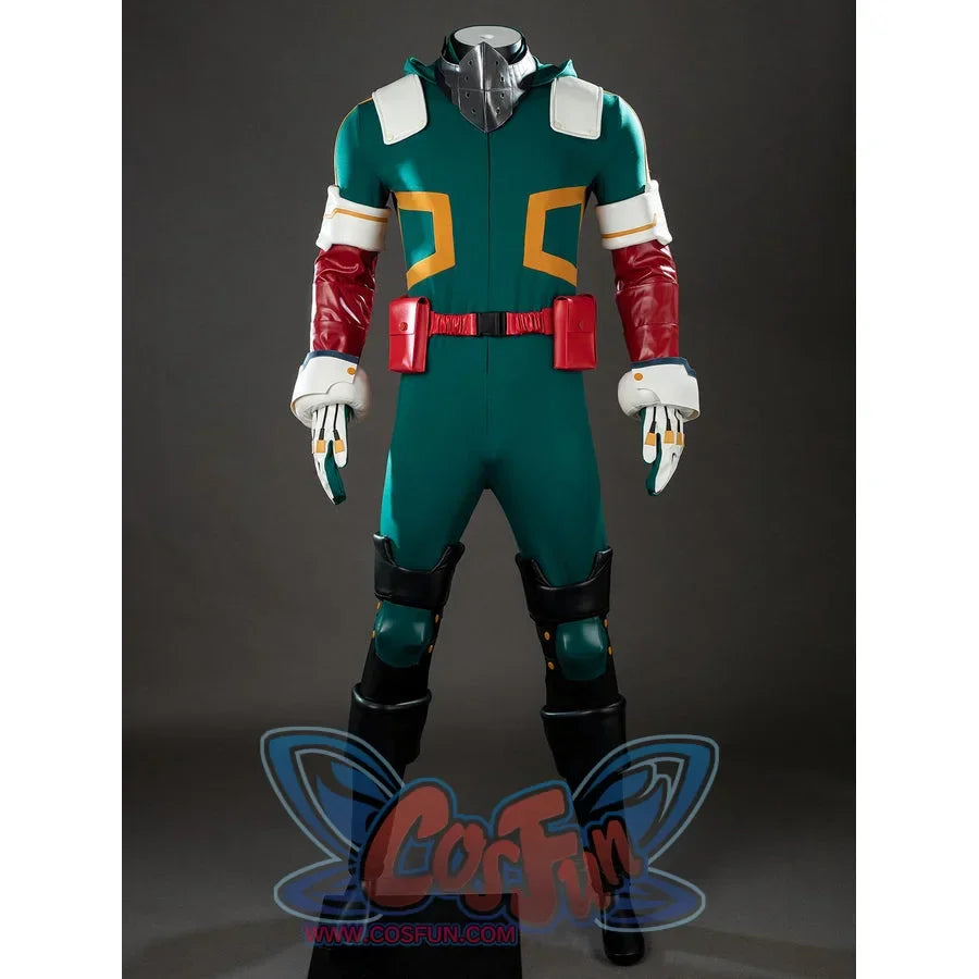 My Hero Academia Deku cosplay costume base view frames red sleeve guards around the green hero bodysuit.