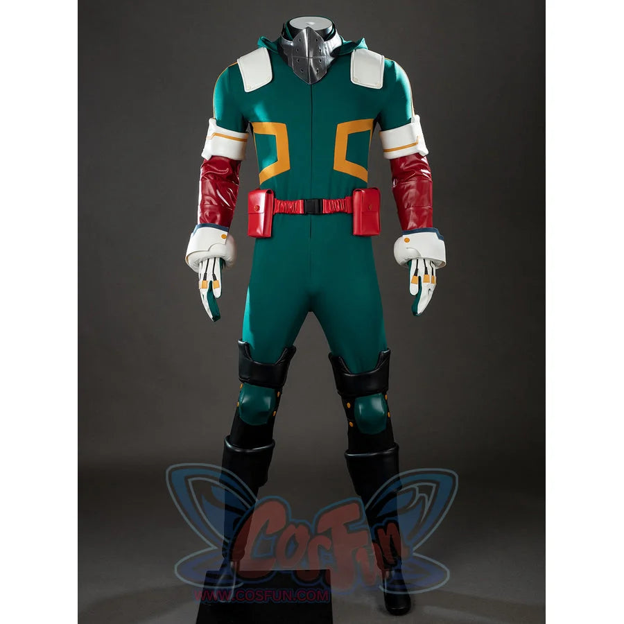 My Hero Academia Deku cosplay costume base view frames red sleeve guards around the green hero bodysuit.