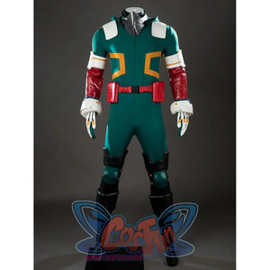 My Hero Academia Deku cosplay costume base view frames red sleeve guards around the green hero bodysuit.