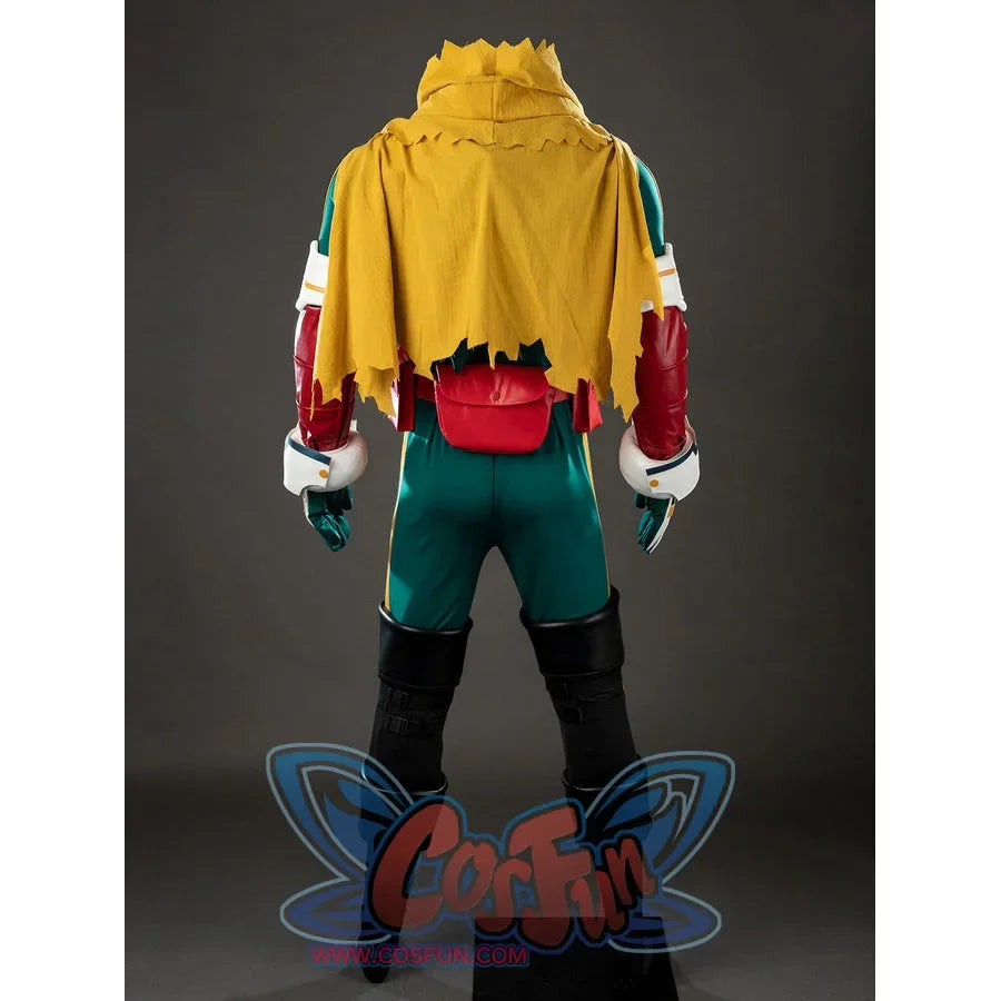 My Hero Academia Deku cosplay costume back view centers the yellow hooded cape over red belt pouches.