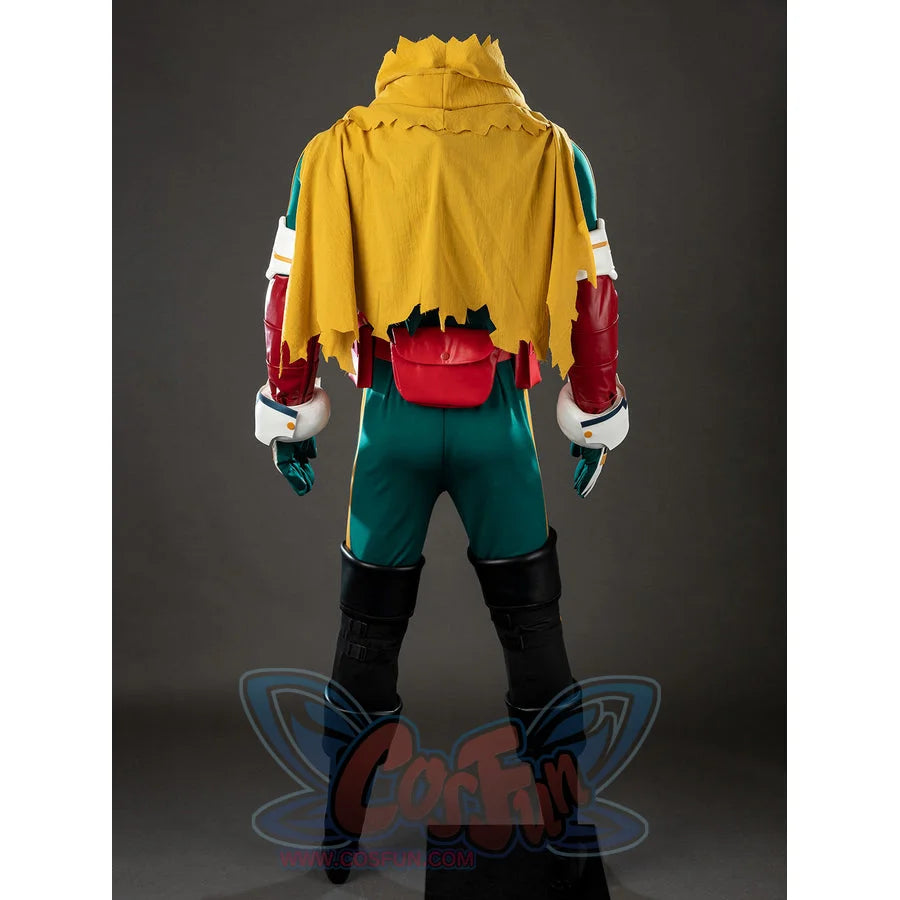 My Hero Academia Deku cosplay costume back view centers the yellow hooded cape over red belt pouches.