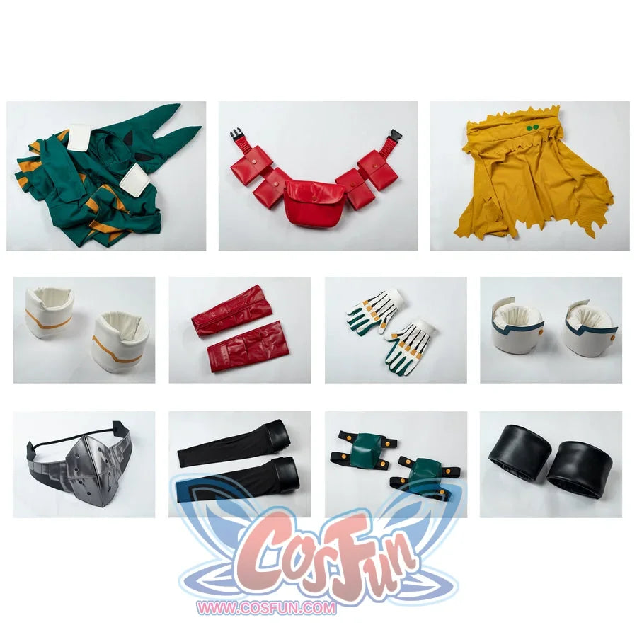 My Hero Academia Deku cosplay costume flat lay organizes the hooded suit beside armor guards and red pouches.