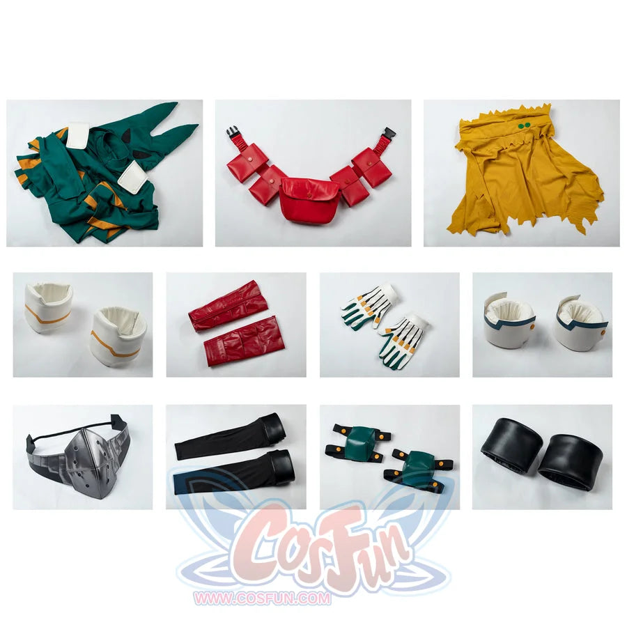My Hero Academia Deku cosplay costume flat lay organizes the hooded suit beside armor guards and red pouches.