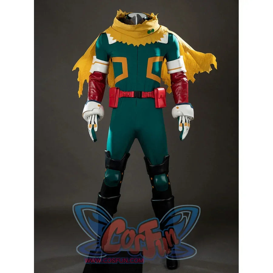 My Hero Academia Midoriya Izuku Deku cosplay costume layers a green bodysuit under a yellow hooded cape.