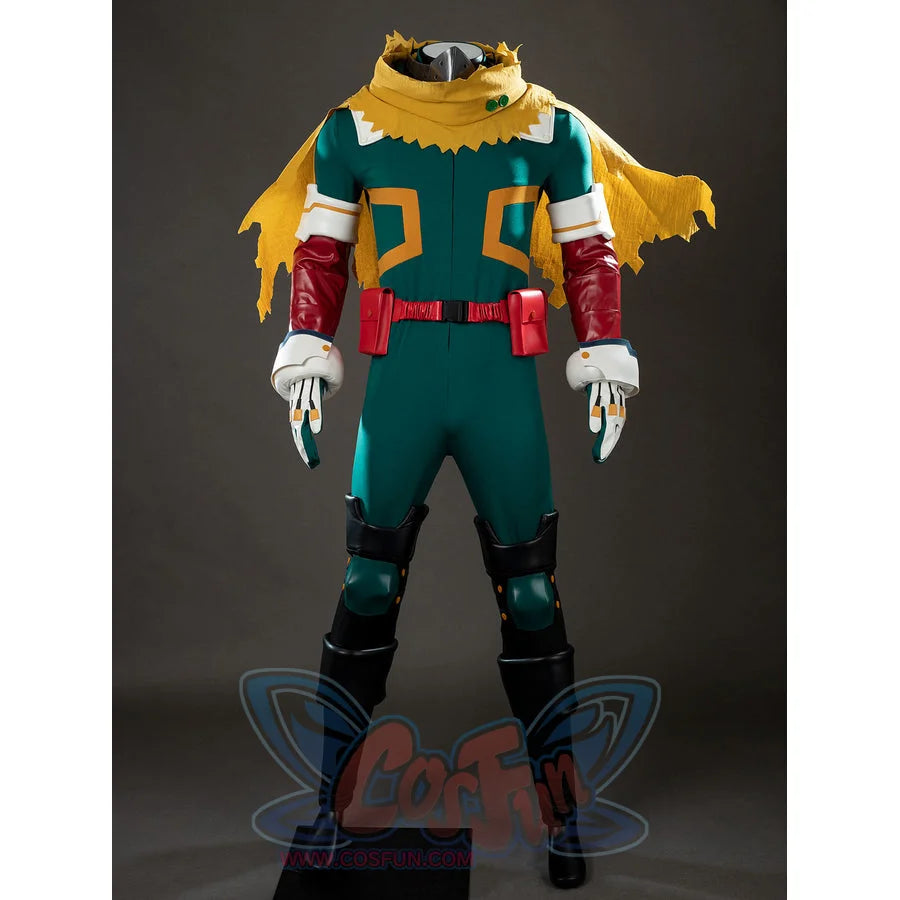 My Hero Academia Midoriya Izuku Deku cosplay costume layers a green bodysuit under a yellow hooded cape.