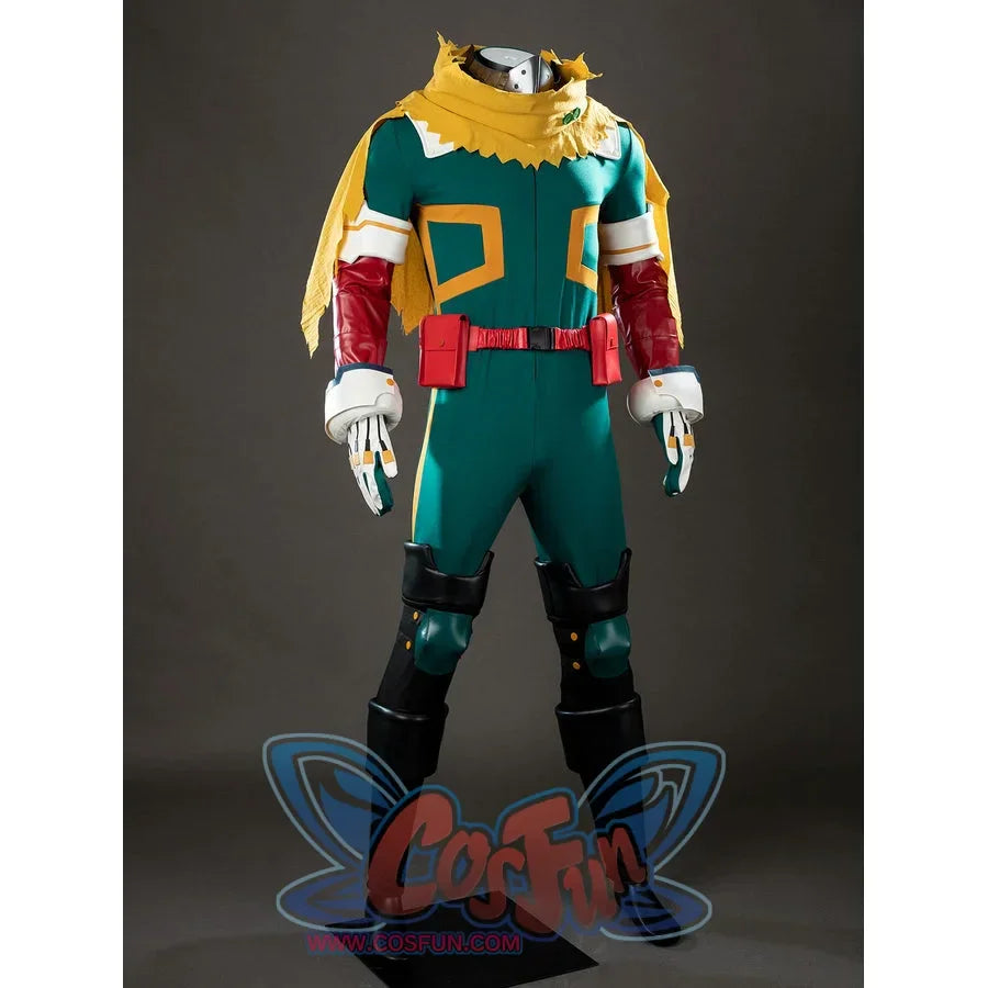 My Hero Academia Deku cosplay costume front view balances green panels around red belt pouches and leg guards.