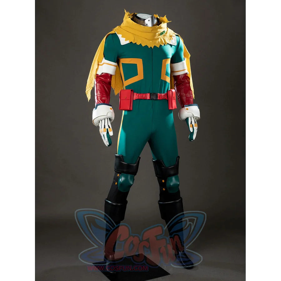 My Hero Academia Deku cosplay costume front view balances green panels around red belt pouches and leg guards.