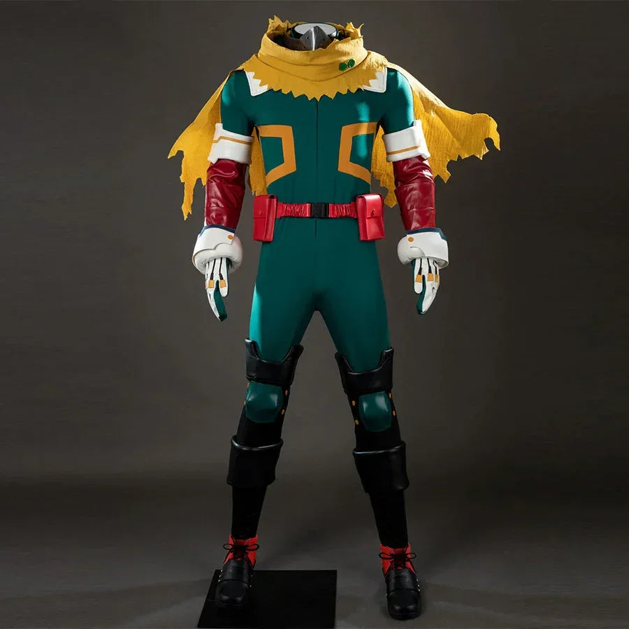 COSFUN My Hero Academia Midoriya Izuku Deku cosplay costume pairs a green bodysuit with a yellow cape and red guards.