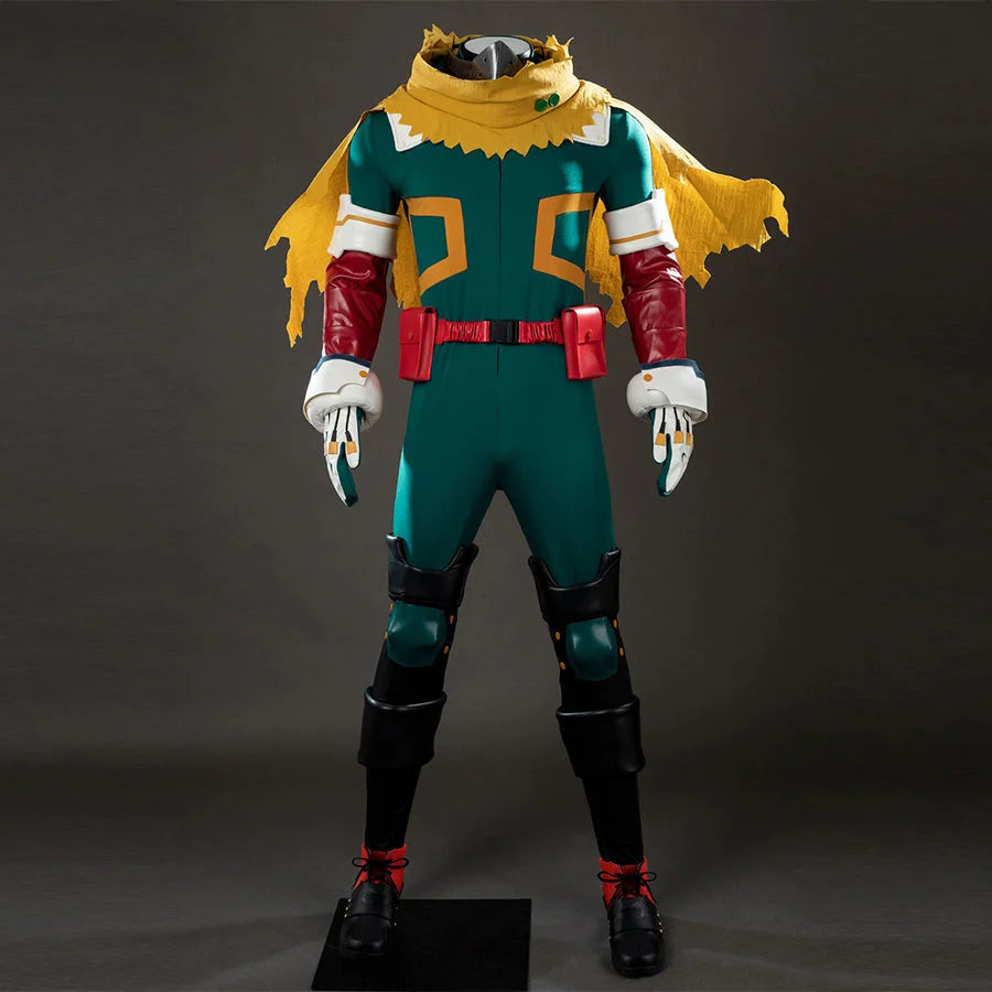 COSFUN My Hero Academia Midoriya Izuku Deku cosplay costume pairs a green bodysuit with a yellow cape and red guards.