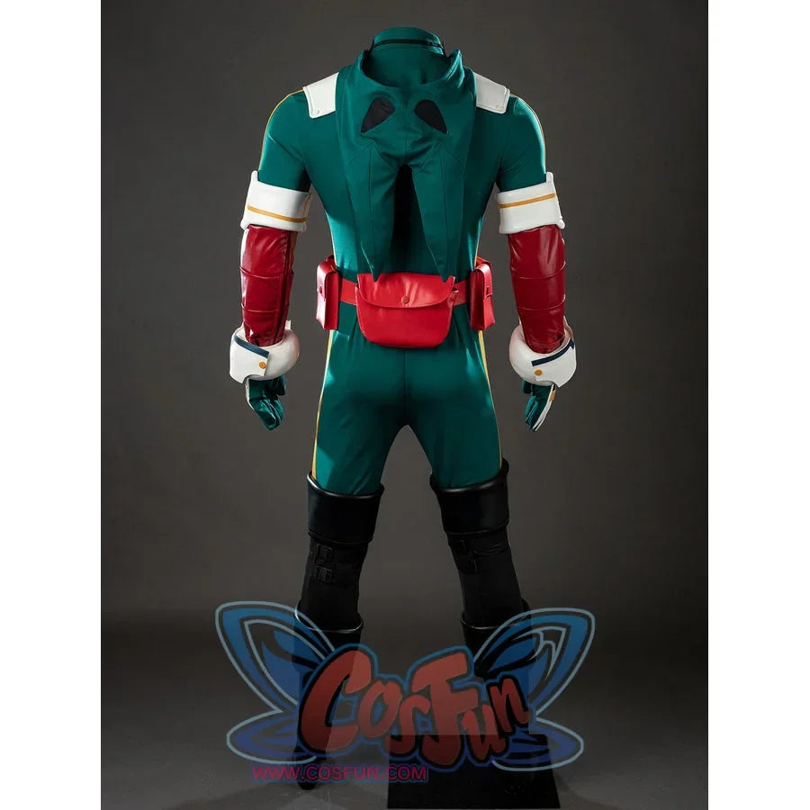 My Hero Academia Deku cosplay costume back view layers the hood and red belt pouch over black leg guards.
