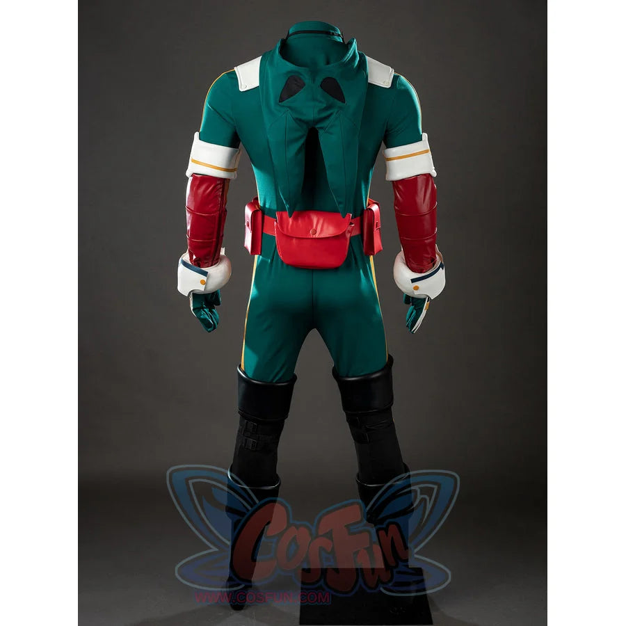 My Hero Academia Deku cosplay costume back view layers the hood and red belt pouch over black leg guards.