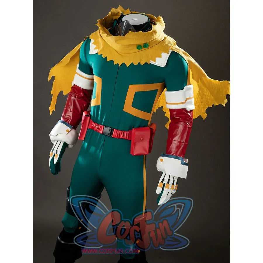 My Hero Academia Deku cosplay costume upper view tucks red pouches below the yellow scarf-like cape.