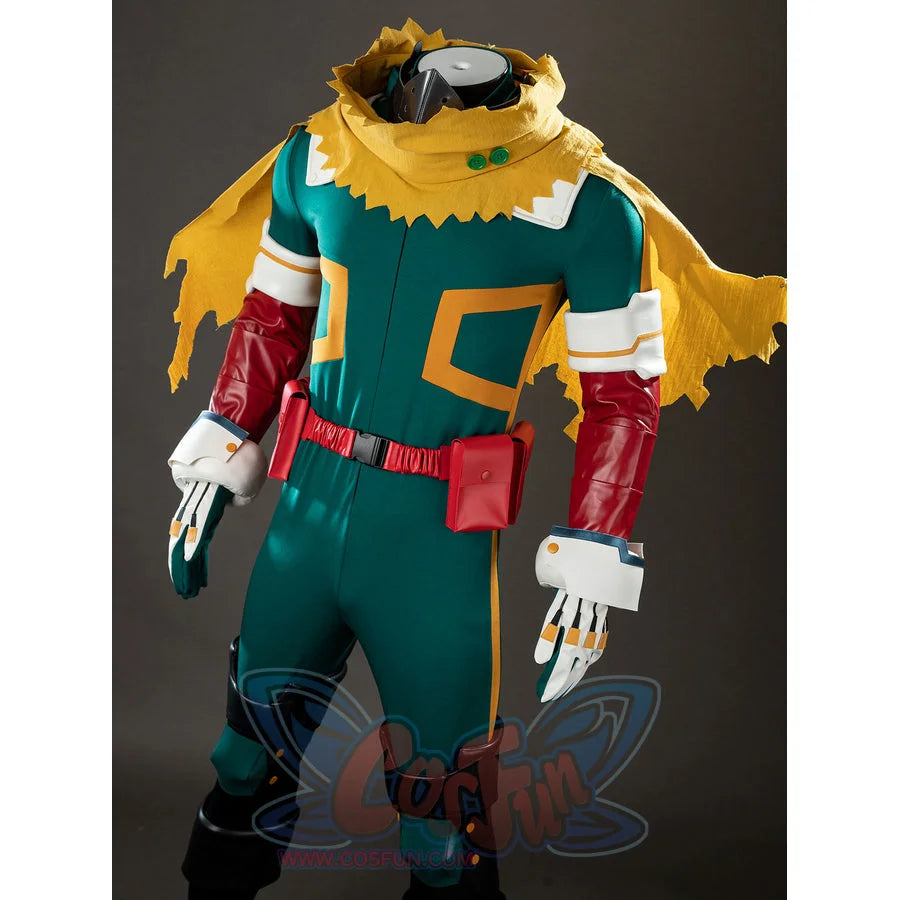 My Hero Academia Deku cosplay costume upper view tucks red pouches below the yellow scarf-like cape.