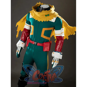 My Hero Academia Deku cosplay costume upper view tucks red pouches below the yellow scarf-like cape.