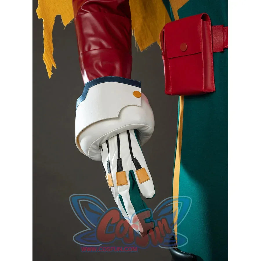 My Hero Academia Deku cosplay glove detail pairs white finger pieces with a red wrist guard and yellow tips.
