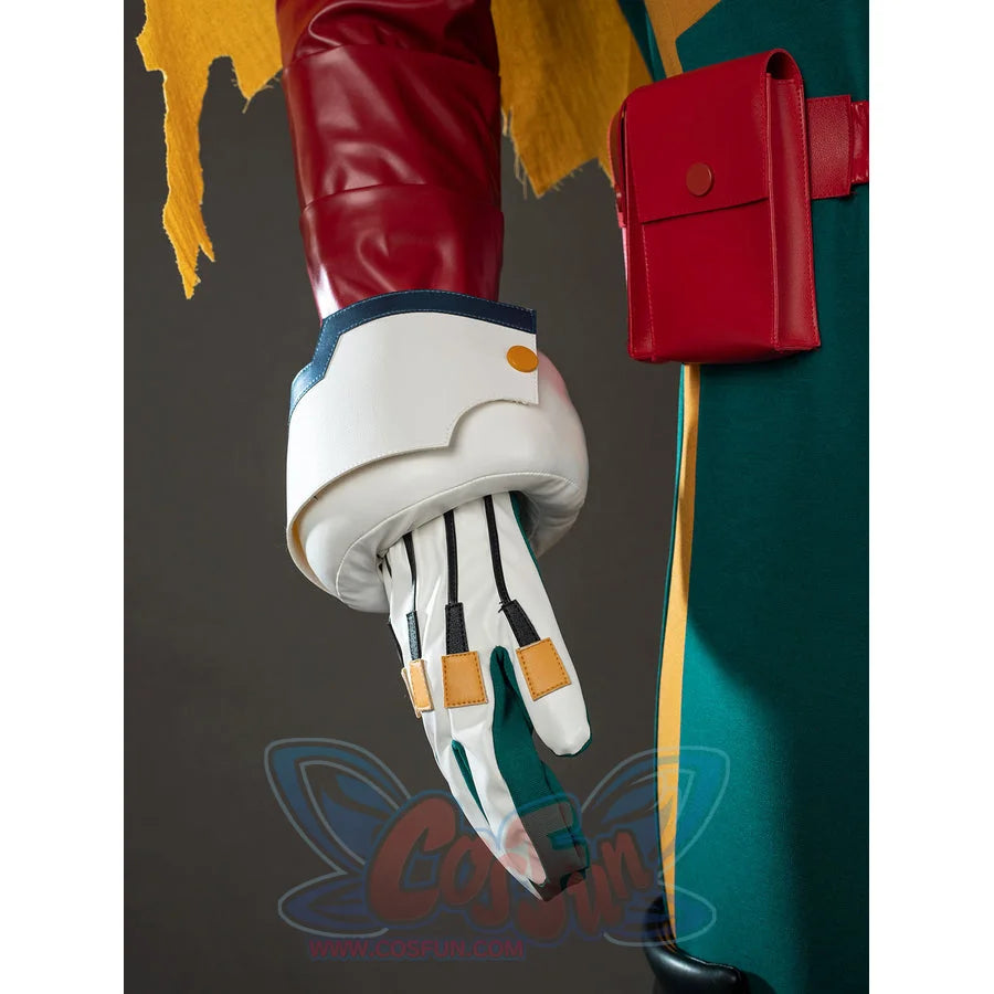 My Hero Academia Deku cosplay glove detail pairs white finger pieces with a red wrist guard and yellow tips.