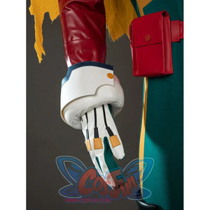 My Hero Academia Deku cosplay glove detail pairs white finger pieces with a red wrist guard and yellow tips.