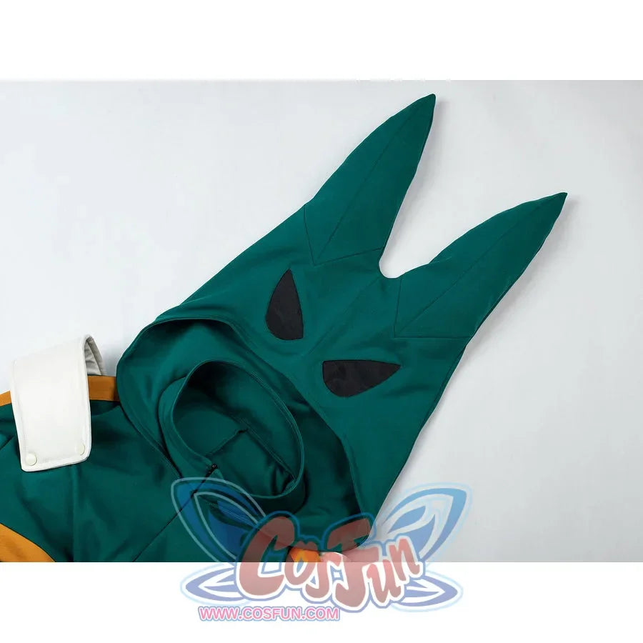 My Hero Academia Deku cosplay hood detail shapes pointed green ears around dark mesh face openings.
