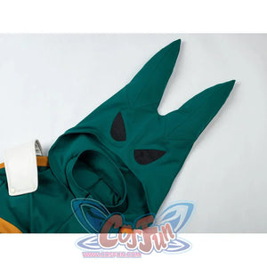 My Hero Academia Deku cosplay hood detail shapes pointed green ears around dark mesh face openings.