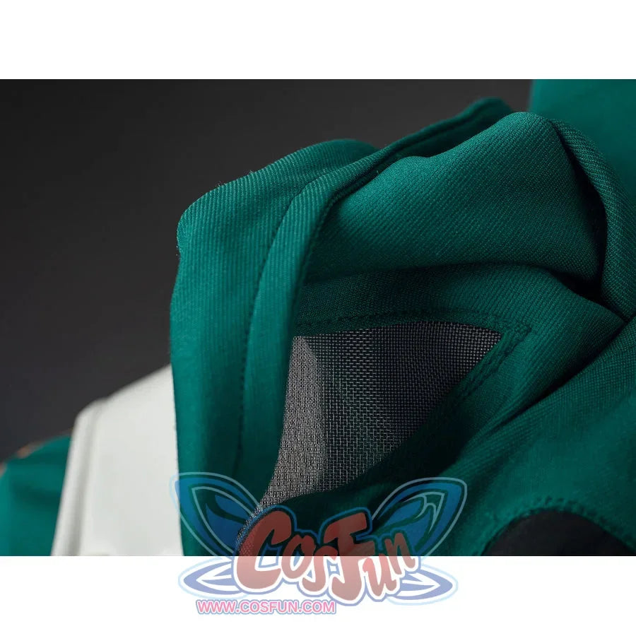 My Hero Academia Deku cosplay hood close-up reveals dark mesh panels inside the green face opening.