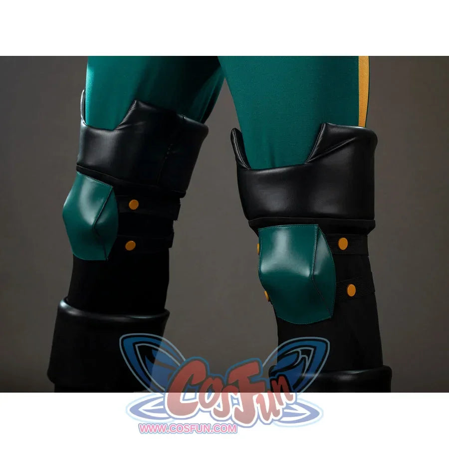 My Hero Academia Deku cosplay knee guard side detail places black bands over green leg panels.