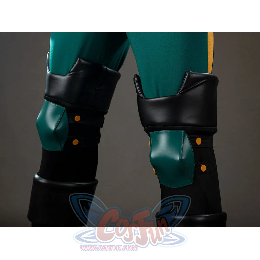 My Hero Academia Deku cosplay knee guard side detail places black bands over green leg panels.