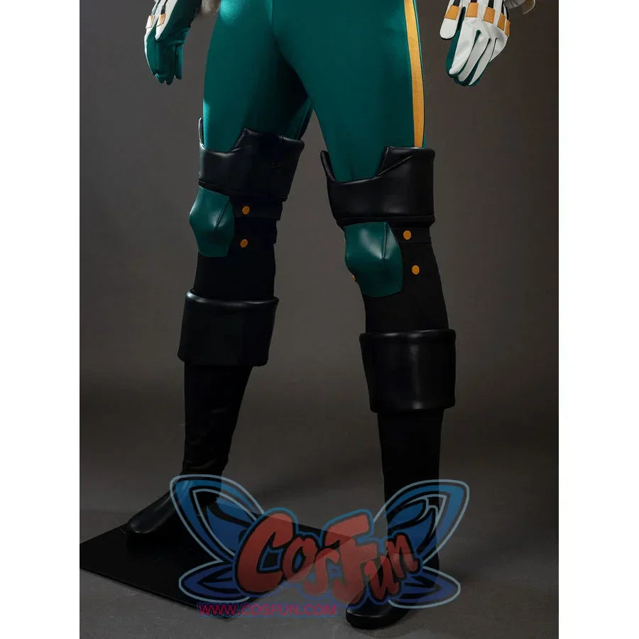 My Hero Academia Deku cosplay leg guard detail sets black armor straps around green pants and red shoe trim.