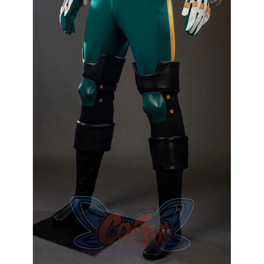My Hero Academia Deku cosplay leg guard detail sets black armor straps around green pants and red shoe trim.