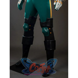 My Hero Academia Deku cosplay leg guard detail sets black armor straps around green pants and red shoe trim.