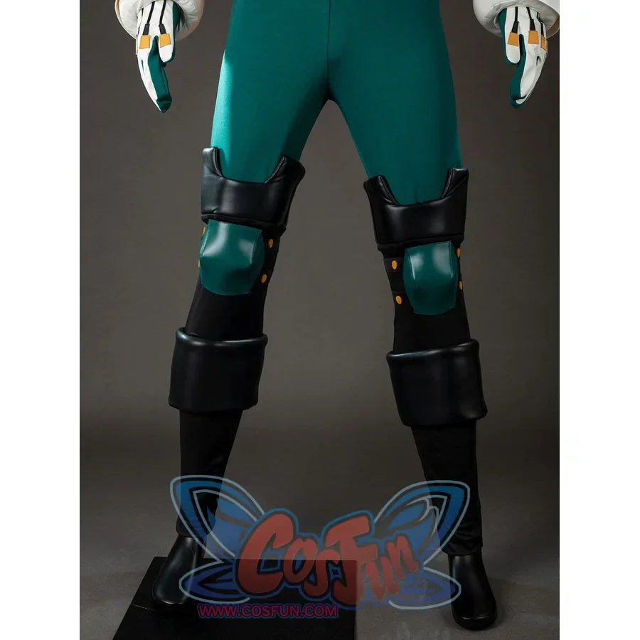 My Hero Academia Deku cosplay leg guards front view stacks black knee armor over green fitted pants.