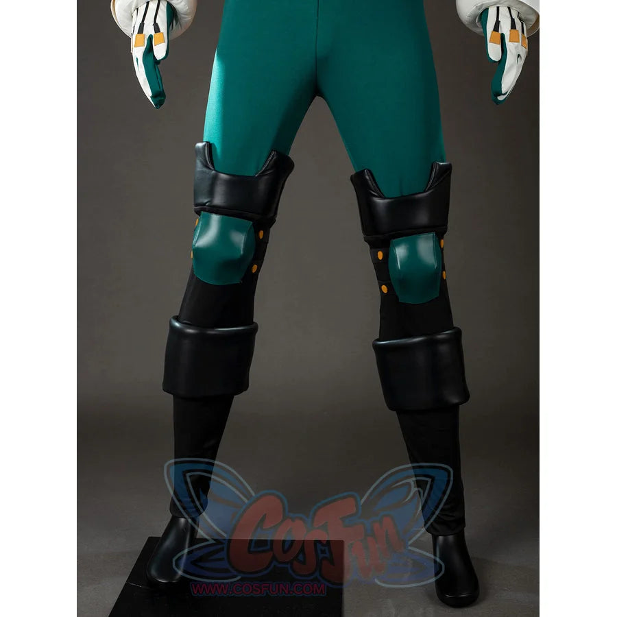 My Hero Academia Deku cosplay leg guards front view stacks black knee armor over green fitted pants.