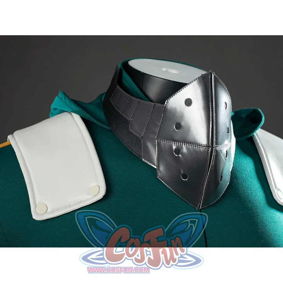 My Hero Academia Deku cosplay mask angled view layers silver-tone panels over the green hood opening.
