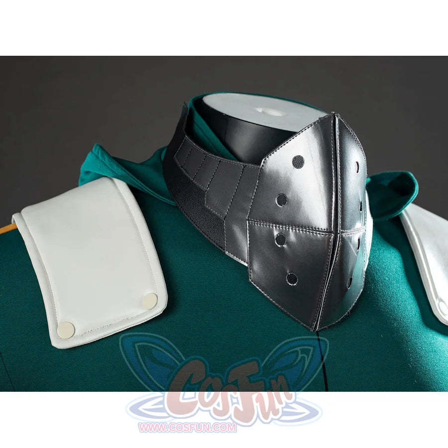 My Hero Academia Deku cosplay mask angled view layers silver-tone panels over the green hood opening.